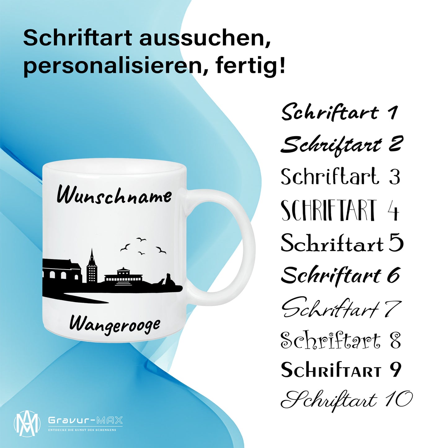 Tasse in Weiß 330ml bedruckt mit der Skyline von Wangerooge personalisierbar mit Wunschname