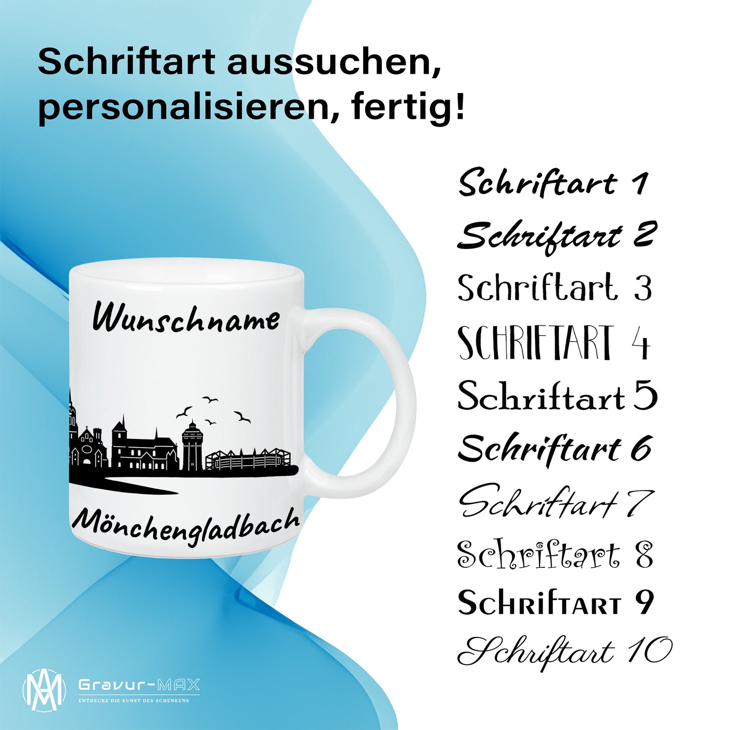 Tasse in Weiß 330ml bedruckt mit der Skyline von Mönchengladbach personalisierbar mit Wunschname
