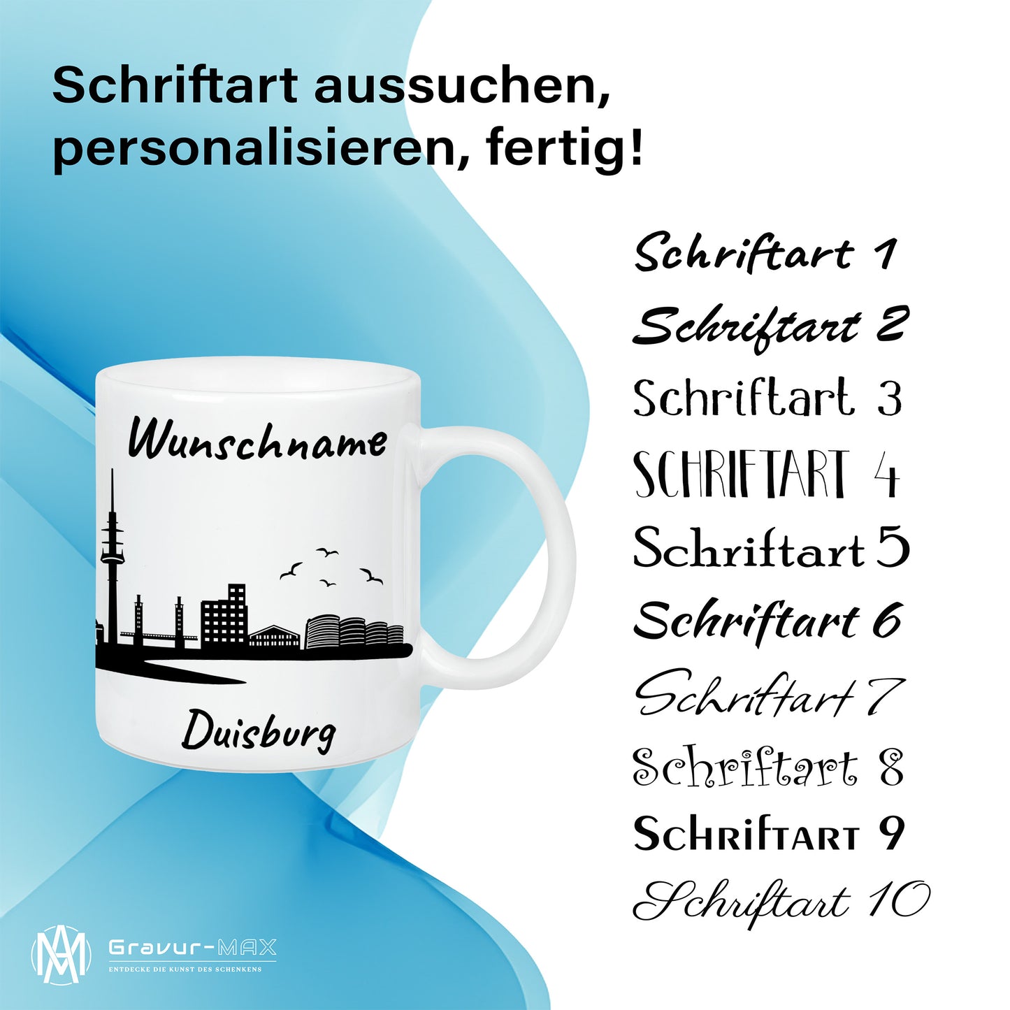 Tasse in Weiß 330ml bedruckt mit der Skyline von Duisburg personalisierbar mit Wunschname