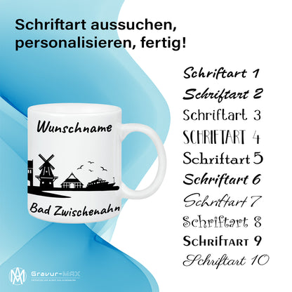 Tasse in Weiß 330ml bedruckt mit der Skyline von Bad Zwischenahn personalisierbar mit Wunschname