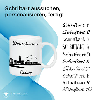 Tasse in Weiß 330ml bedruckt mit der Skyline von Coburg personalisierbar mit Wunschname