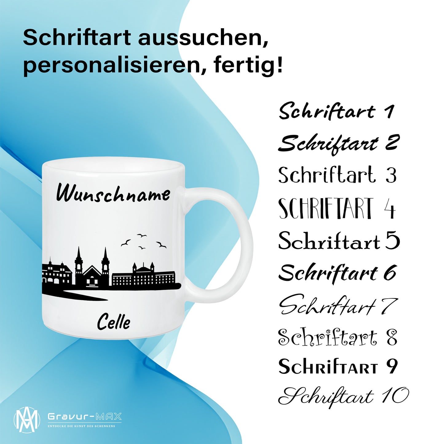 Tasse in Weiß 330ml bedruckt mit der Skyline von Celle personalisierbar mit Wunschname