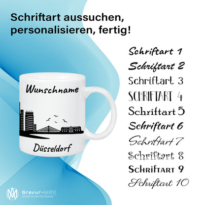 Tasse in Weiß 330ml bedruckt mit der Skyline von Düsseldorf personalisierbar mit Wunschname