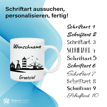 Tasse in Weiß 330ml bedruckt mit der Skyline von Greetsiel personalisierbar mit Wunschname