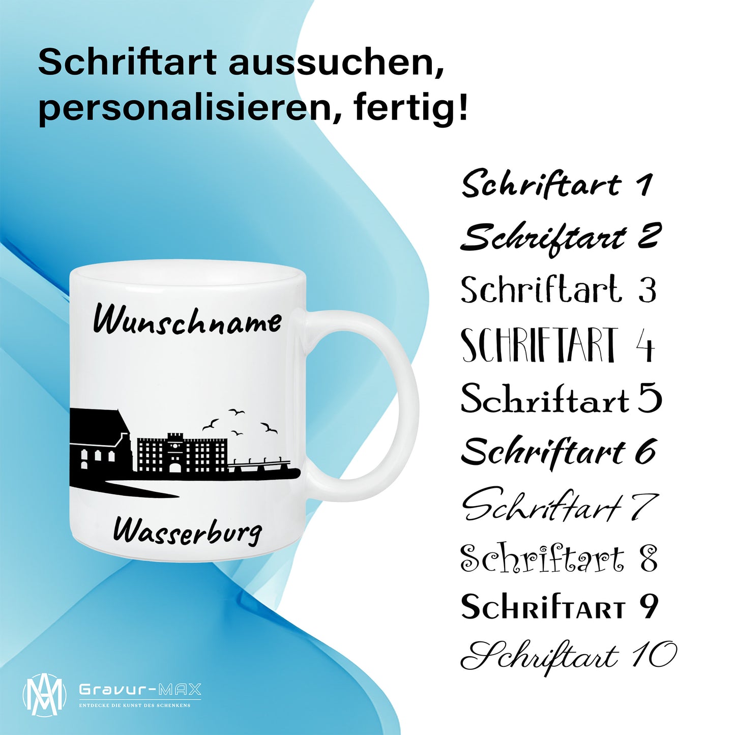 Tasse in Weiß 330ml bedruckt mit der Skyline von Wasserburg personalisierbar mit Wunschname