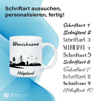 Tasse in Weiß 330ml bedruckt mit der Skyline von Helgoland personalisierbar mit Wunschname
