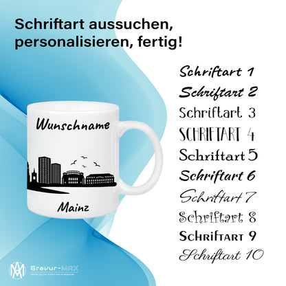 Tasse in Weiß 330ml bedruckt mit der Skyline von Mainz personalisierbar mit Wunschname