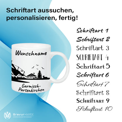 Tasse in Weiß 330ml bedruckt mit der Skyline von Garmisch-Partenkirchen personalisierbar mit Wunschname