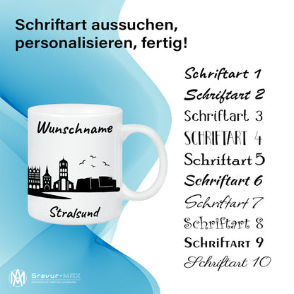 Tasse in Weiß 330ml bedruckt mit der Skyline von Stralsund personalisierbar mit Wunschname
