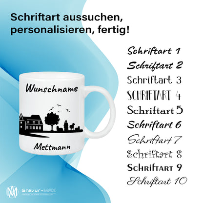 Tasse in Weiß 330ml bedruckt mit der Skyline von Mettmann personalisierbar mit Wunschname