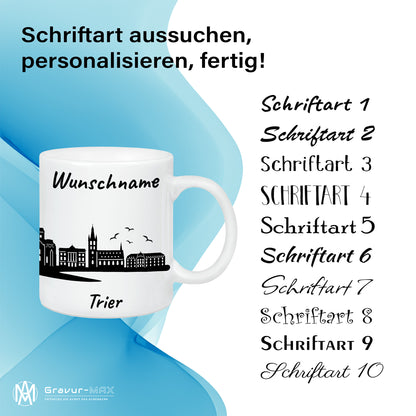 Tasse in Weiß 330ml bedruckt mit der Skyline von Trier personalisierbar mit Wunschname