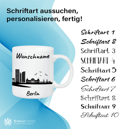 Tasse in Weiß 330ml bedruckt mit der Skyline von Berlin personalisierbar mit Wunschname