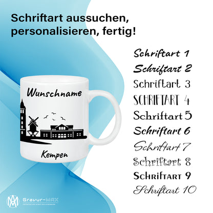 Tasse in Weiß 330ml bedruckt mit der Skyline von Kempen personalisierbar mit Wunschname