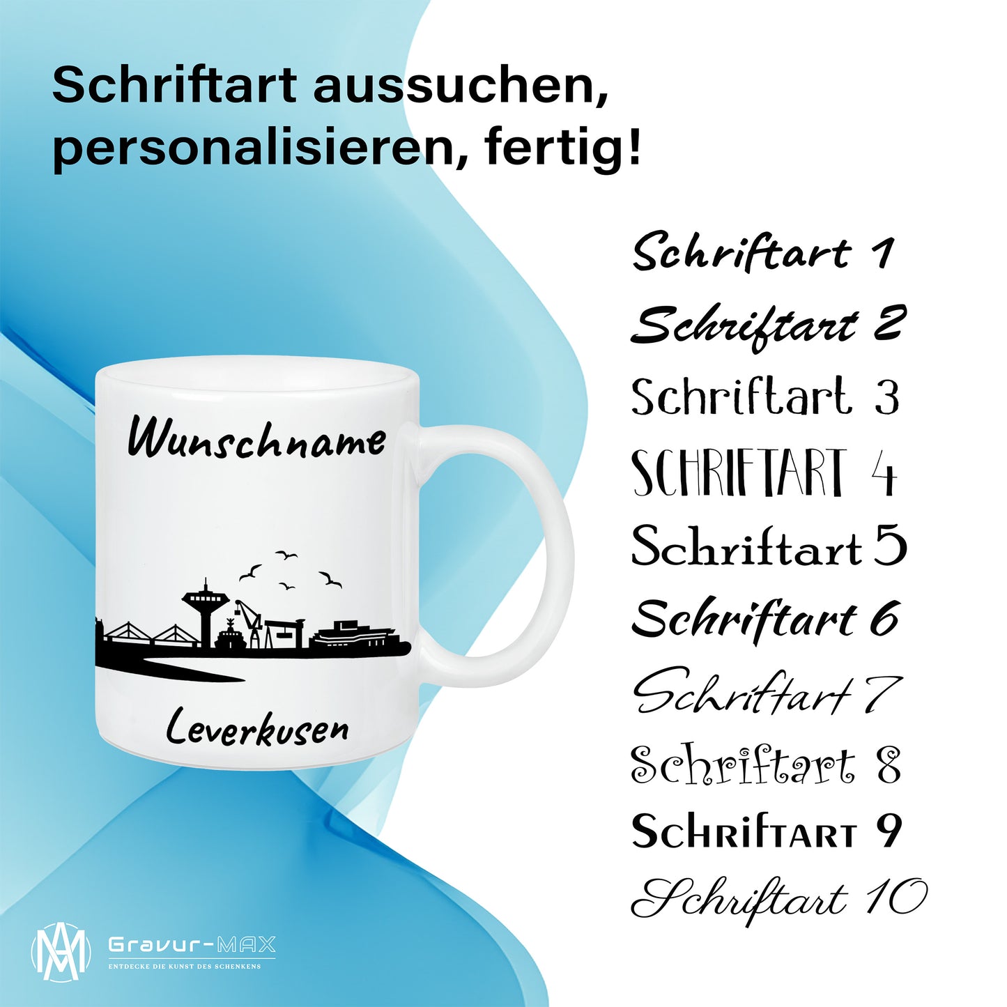 Tasse in Weiß 330ml bedruckt mit der Skyline von Leverkusen personalisierbar mit Wunschname