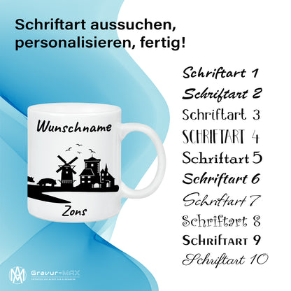 Tasse in Weiß 330ml bedruckt mit der Skyline von Zons (Dormagen) personalisierbar mit Wunschname