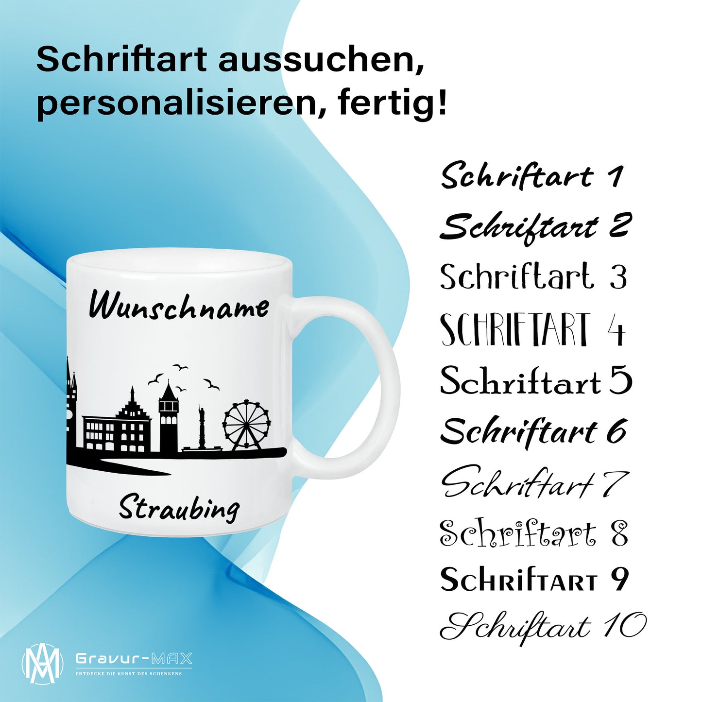 Tasse in Weiß 330ml bedruckt mit der Skyline von Straubing personalisierbar mit Wunschname