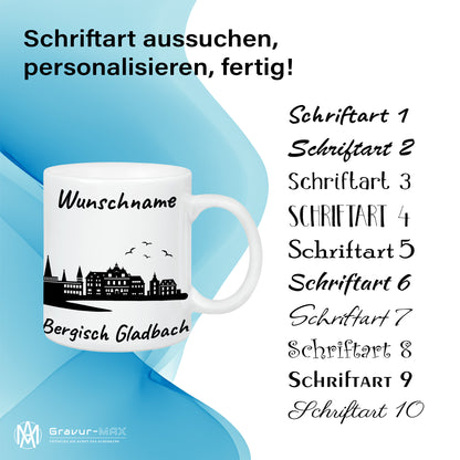 Tasse in Weiß 330ml bedruckt mit der Skyline von Bergisch Gladbach personalisierbar mit Wunschname