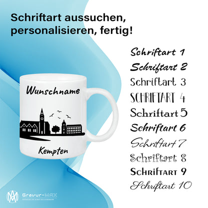 Tasse in Weiß 330ml bedruckt mit der Skyline von Kempten personalisierbar mit Wunschname