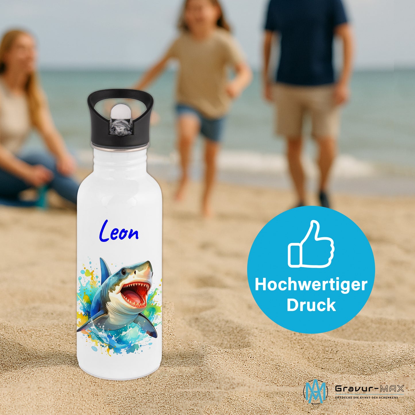 Trinkflasche mit Strohhalm in Weiß 600ml bedruckt mit tollen Motiven für Kinder "Hai" personalisierbar für Kinder mit Wunschname aus Edelstahl