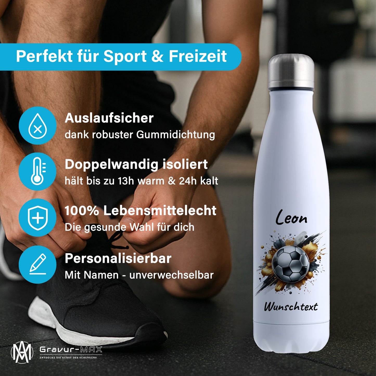 Thermoflasche 500ml in Weiß aus Edelstahl bedruckt "Fußball" Motiv13 personalisierbar mit Wunschname & Text