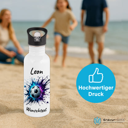 Trinkflasche mit Strohhalm in Weiß 600ml bedruckt mit Fußball Motiven"Motiv10" personalisierbar für Kinder mit Wunschname aus Edelstahl