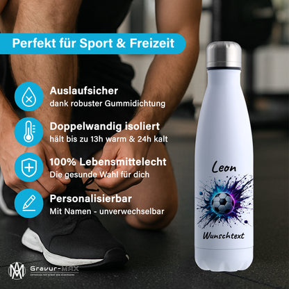 Thermoflasche 500ml in Weiß aus Edelstahl bedruckt "Fußball" Motiv10 personalisierbar mit Wunschname & Text