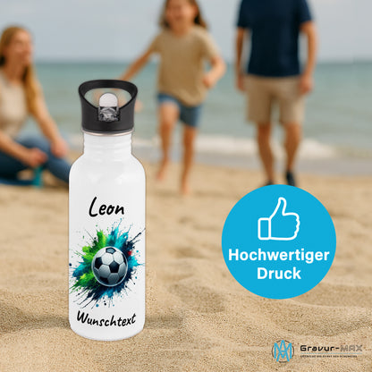 Trinkflasche mit Strohhalm in Weiß 600ml bedruckt mit Fußball Motiven"Motiv8" personalisierbar für Kinder mit Wunschname aus Edelstahl