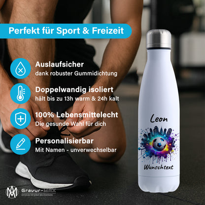 Thermoflasche 500ml in Weiß aus Edelstahl bedruckt "Fußball" Motiv7 personalisierbar mit Wunschname & Text