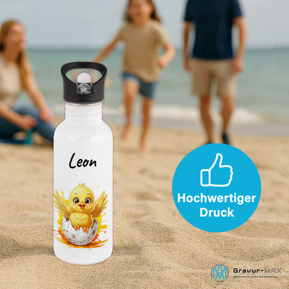 Trinkflasche mit Strohhalm in Weiß 600ml bedruckt mit niedlichen Tieren"Küken" personalisierbar für Kinder mit Wunschname aus Edelstahl