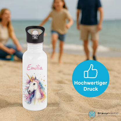 Trinkflasche mit Strohhalm in Weiß 600ml bedruckt mit tollen Motiven für Kinder "Einhorn" personalisierbar für Kinder mit Wunschname aus Edelstahl