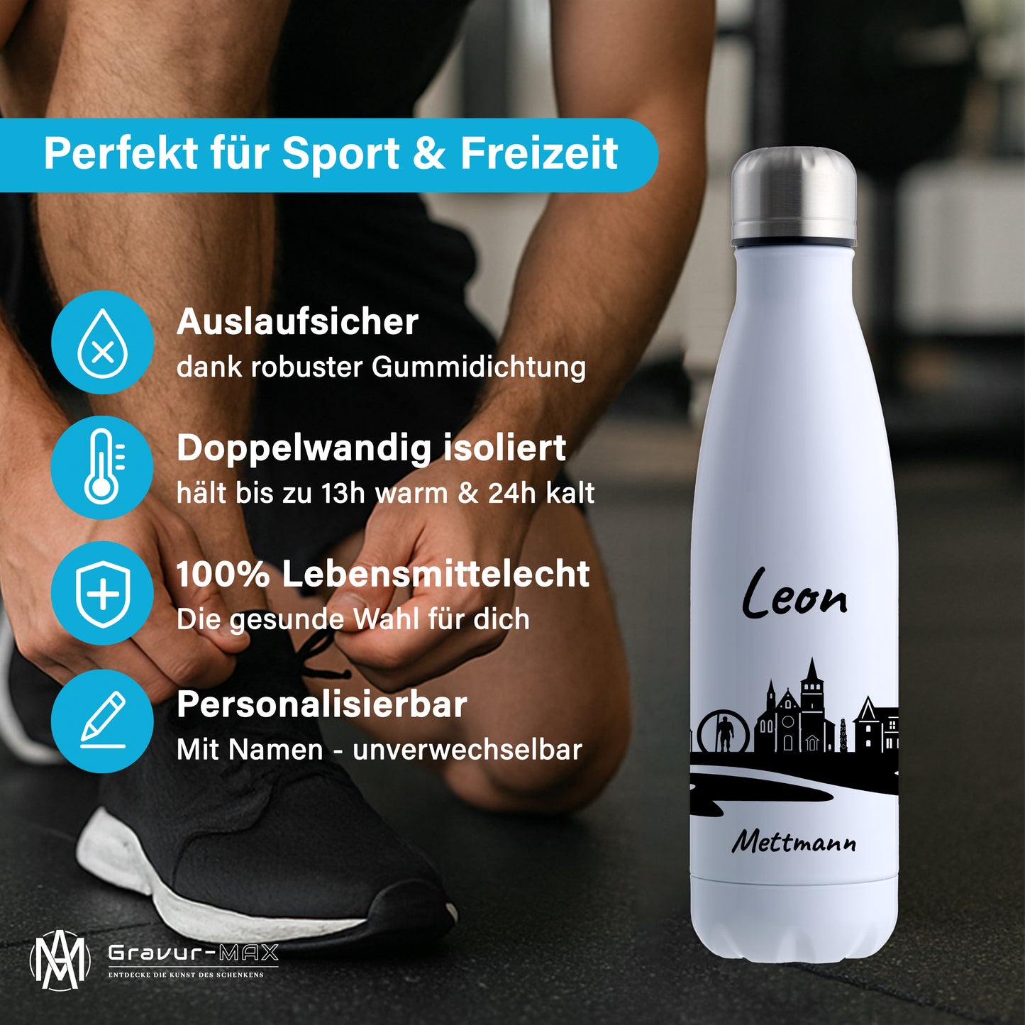 Trinkflasche in Weiß 500ml aus Edelstahl bedruckt mit der Skyline von Mettmann personalisierbar mit Wunschname