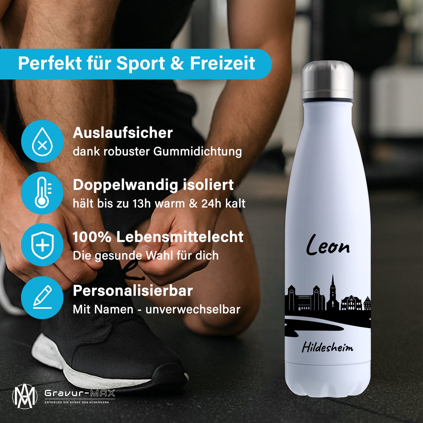 Trinkflasche in Weiß 500ml aus Edelstahl bedruckt mit der Skyline von Hildesheim personalisierbar mit Wunschname
