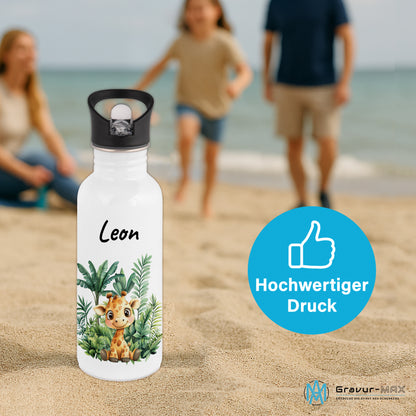 Trinkflasche mit Strohhalm in Weiß 600ml bedruckt mit Dschungel Tieren"Giraffe" personalisierbar für Kinder mit Wunschname aus Edelstahl