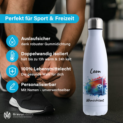 Thermoflasche 500ml in Weiß aus Edelstahl bedruckt "Fußball" Motiv5 personalisierbar mit Wunschname & Text