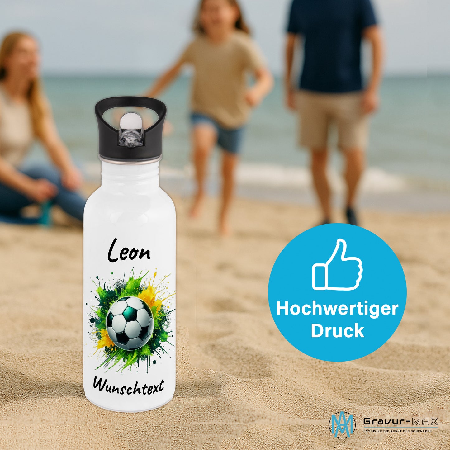 Trinkflasche mit Strohhalm in Weiß 600ml bedruckt mit Fußball Motiven"Motiv11" personalisierbar für Kinder mit Wunschname aus Edelstahl