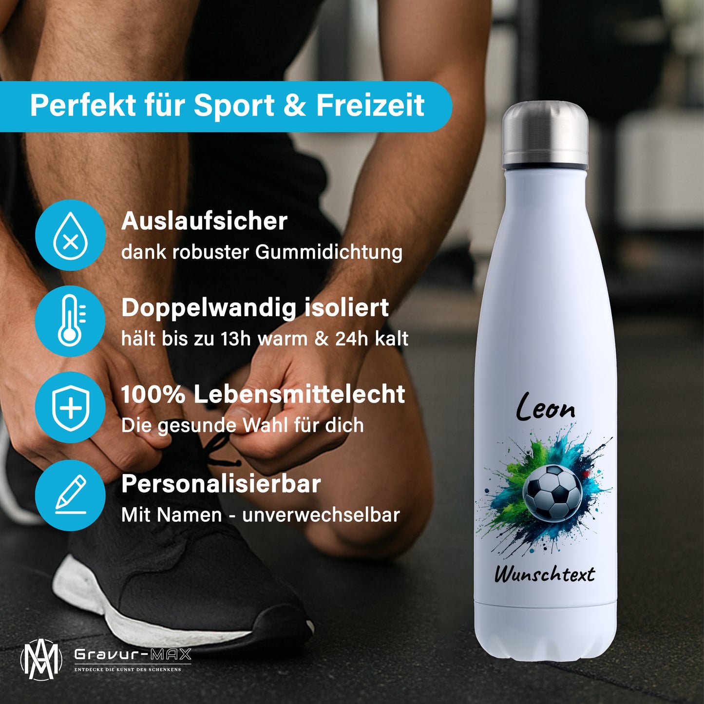 Thermoflasche 500ml in Weiß aus Edelstahl bedruckt "Fußball" Motiv8 personalisierbar mit Wunschname & Text
