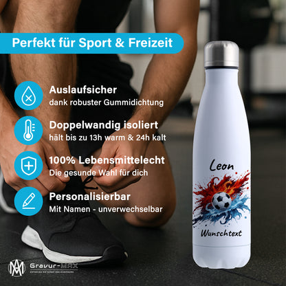 Thermoflasche 500ml in Weiß aus Edelstahl bedruckt "Fußball" Motiv12 personalisierbar mit Wunschname & Text