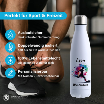 Thermoflasche 500ml in Weiß aus Edelstahl bedruckt "Fußball" Motiv4 personalisierbar mit Wunschname & Text
