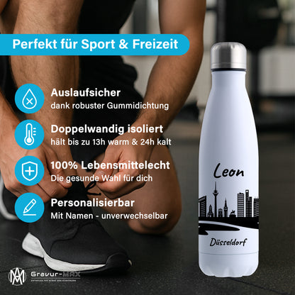 Trinkflasche in Weiß 500ml aus Edelstahl bedruckt mit der Skyline von Düsseldorf personalisierbar mit Wunschname