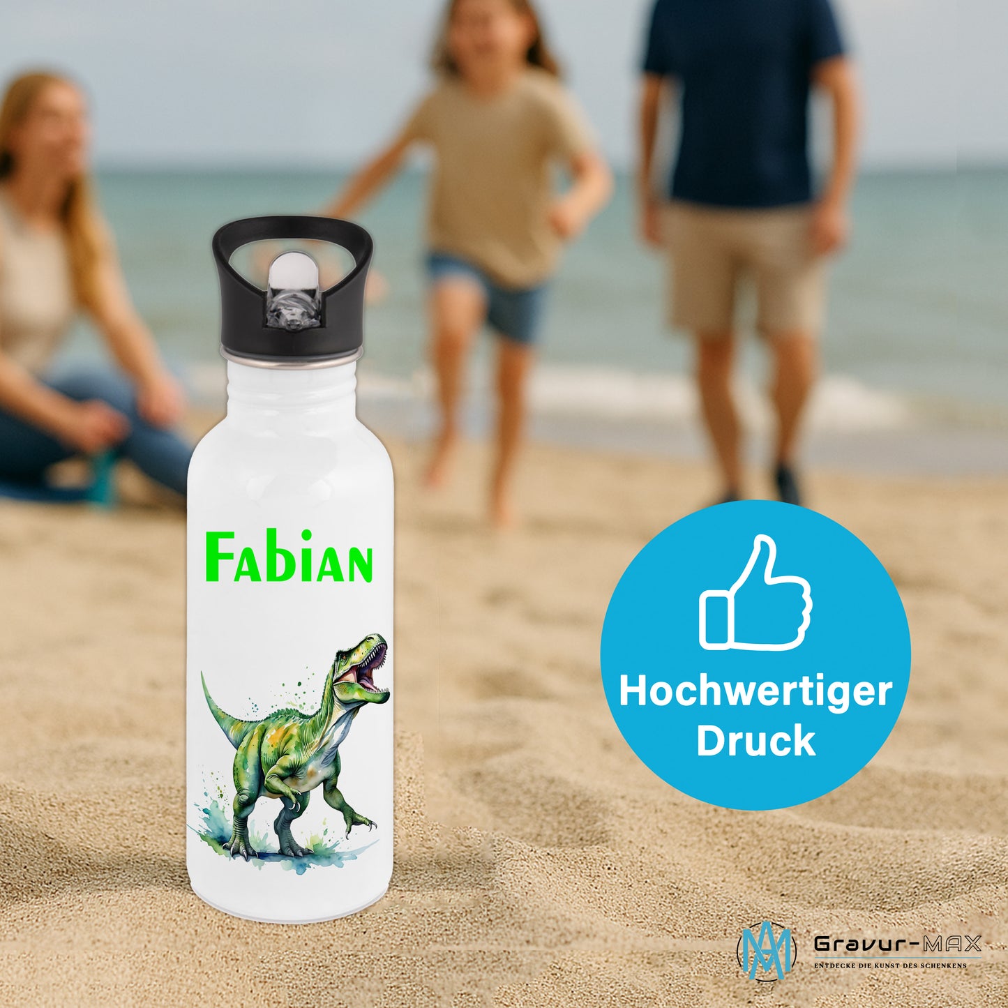 Trinkflasche mit Strohhalm in Weiß 600ml bedruckt mit tollen Motiven für Kinder "Dino T-Rex" personalisierbar für Kinder mit Wunschname aus Edelstahl
