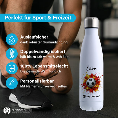 Thermoflasche 500ml in Weiß aus Edelstahl bedruckt "Fußball" Motiv9 personalisierbar mit Wunschname & Text