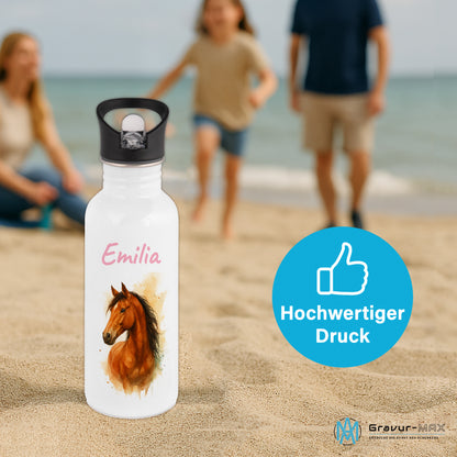 Trinkflasche mit Strohhalm in Weiß 600ml bedruckt mit tollen Motiven für Kinder "Pferd" personalisierbar für Kinder mit Wunschname aus Edelstahl
