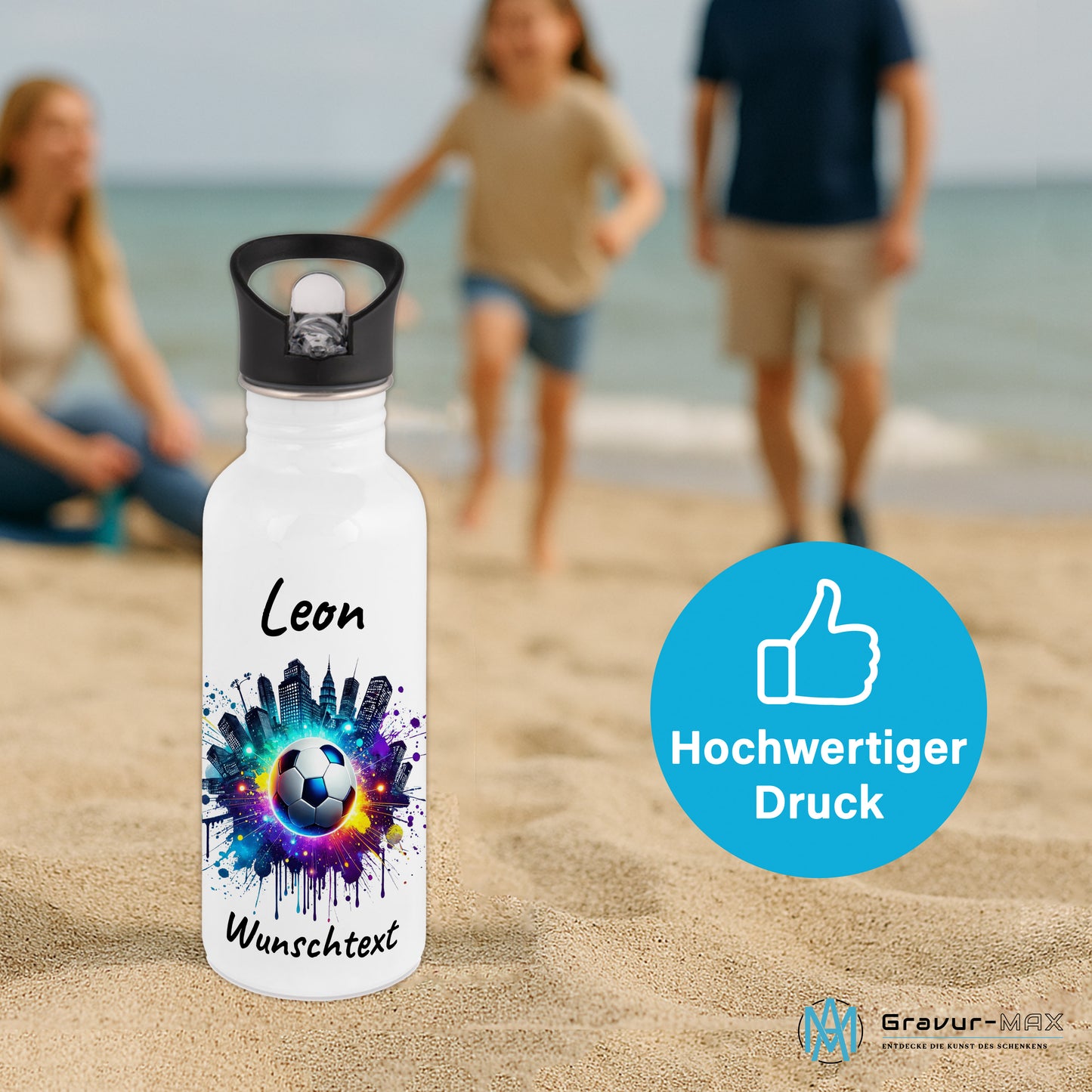 Trinkflasche mit Strohhalm in Weiß 600ml bedruckt mit Fußball Motiven"Motiv7" personalisierbar für Kinder mit Wunschname aus Edelstahl