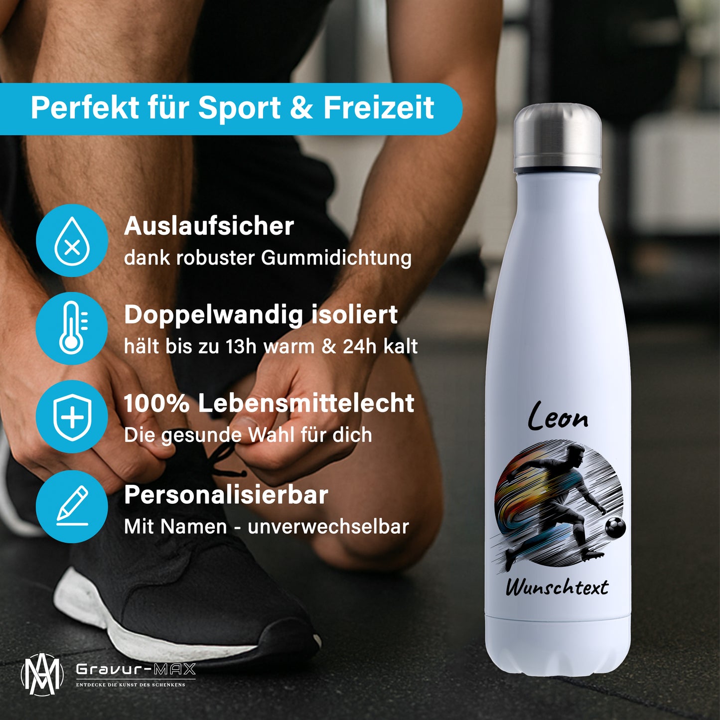 Thermoflasche 500ml in Weiß aus Edelstahl bedruckt "Fußball" Motiv2 personalisierbar mit Wunschname & Text