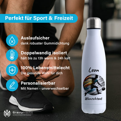 Thermoflasche 500ml in Weiß aus Edelstahl bedruckt "Fußball" Motiv2 personalisierbar mit Wunschname & Text