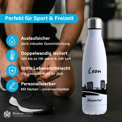 Trinkflasche in Weiß 500ml aus Edelstahl bedruckt mit der Skyline von Wuppertal personalisierbar mit Wunschname