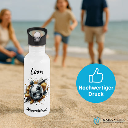 Trinkflasche mit Strohhalm in Weiß 600ml bedruckt mit Fußball Motiven"Motiv13" personalisierbar für Kinder mit Wunschname aus Edelstahl