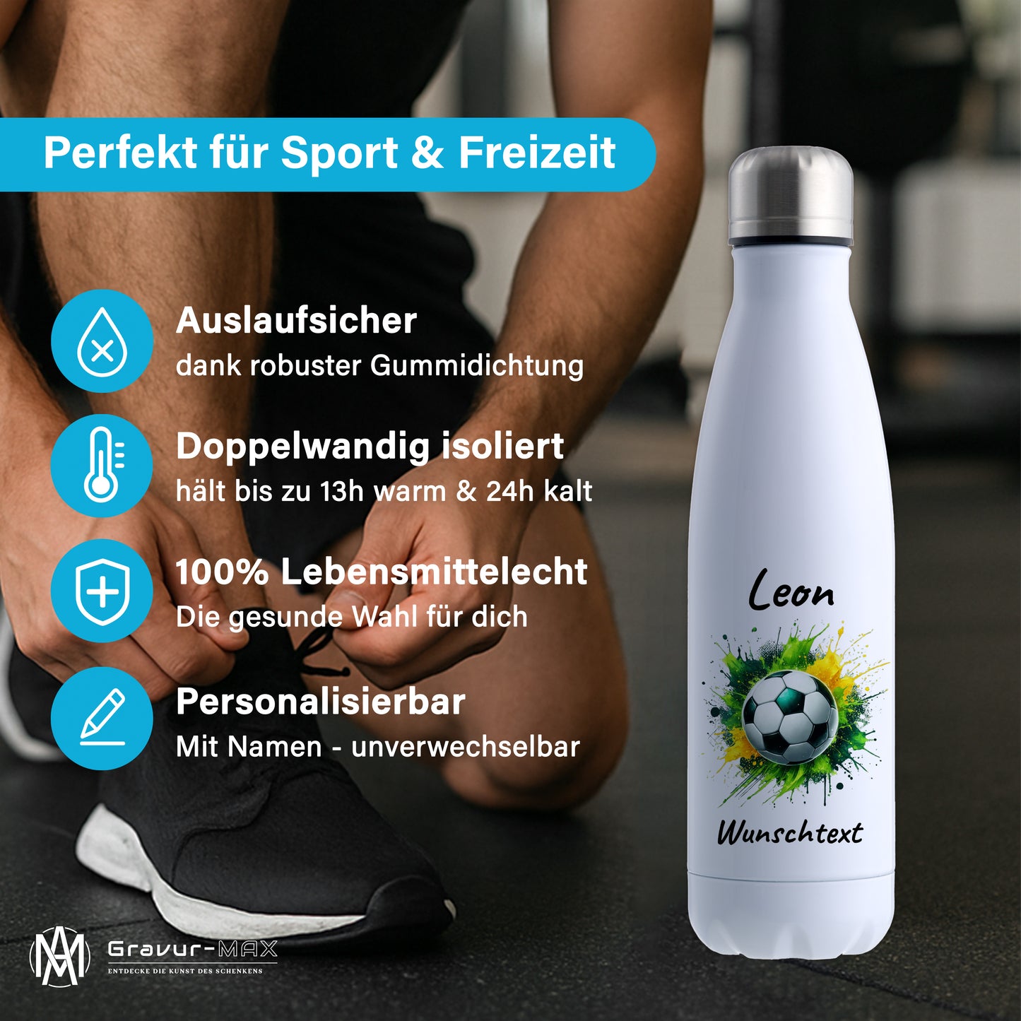 Thermoflasche 500ml in Weiß aus Edelstahl bedruckt "Fußball" Motiv11 personalisierbar mit Wunschname & Text