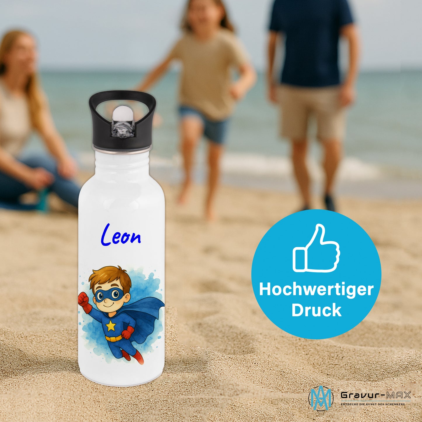 Trinkflasche mit Strohhalm in Weiß 600ml bedruckt mit tollen Motiven für Kinder "Superheld" personalisierbar für Kinder mit Wunschname aus Edelstahl
