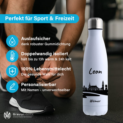 Trinkflasche in Weiß 500ml aus Edelstahl bedruckt mit der Skyline von Weimar personalisierbar mit Wunschname